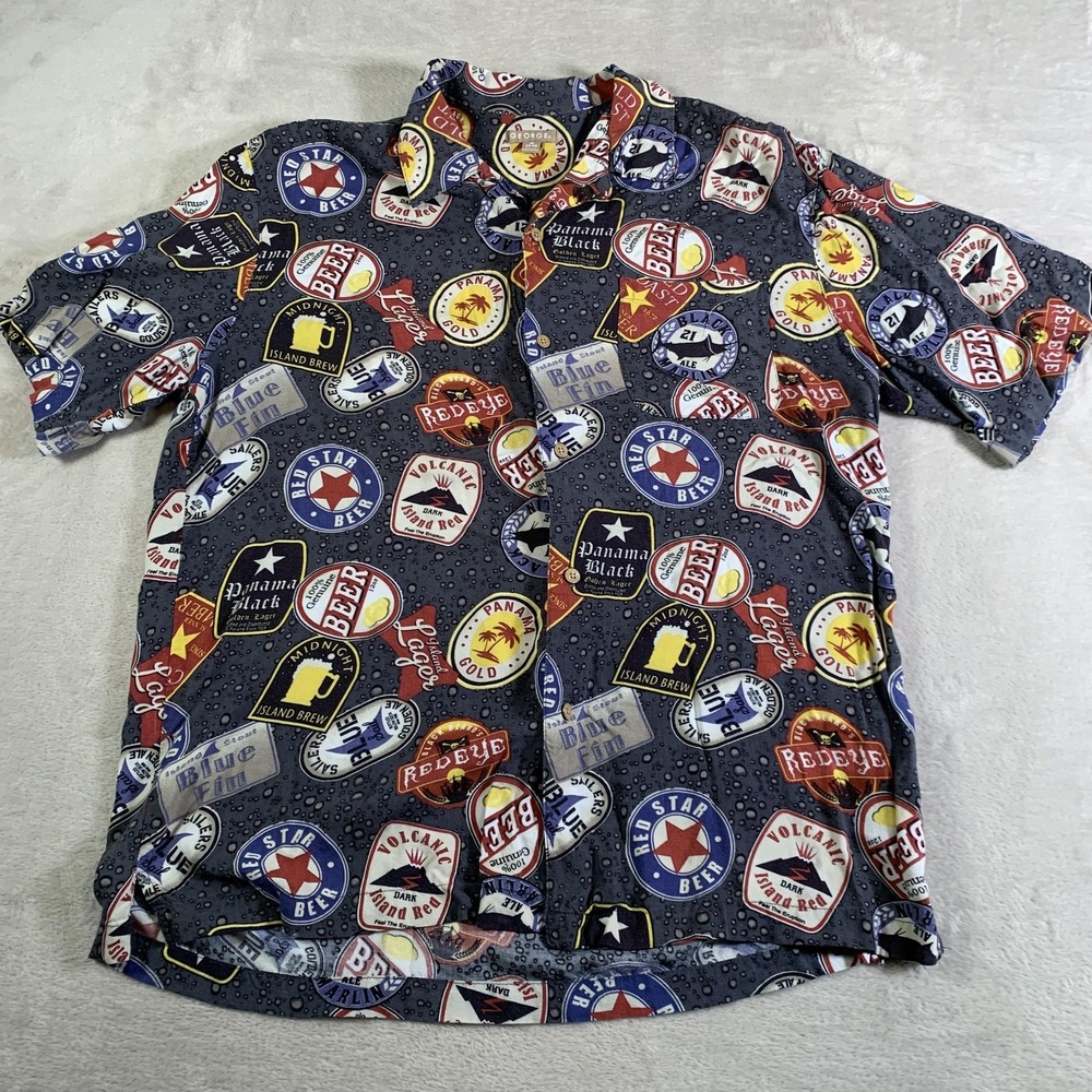 George Shirt Mens Medium Gray Stone Beer Label Graphic Rayon Button Front
